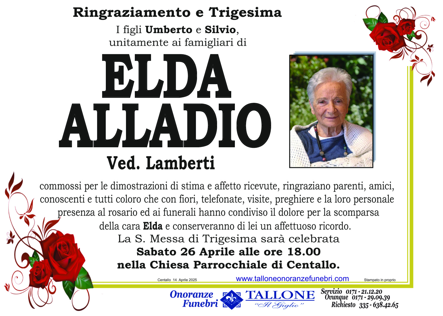 <br />
<b>Warning</b>:  Undefined variable $info in <b>/home/tallone/public_html/ringraziamenti.php</b> on line <b>68</b><br />
Elda Alladio